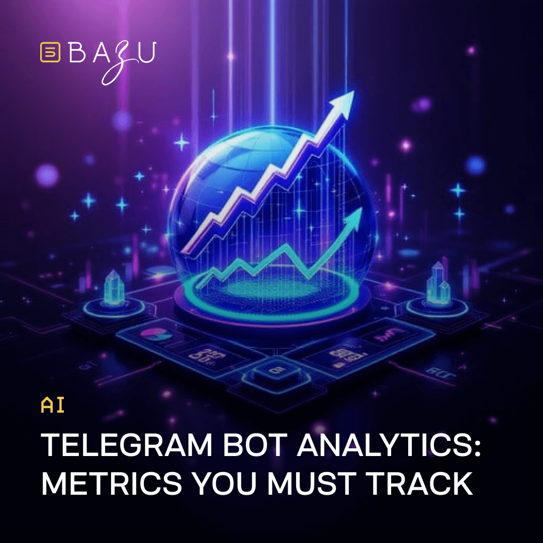 A vibrant futuristic holographic display featuring a glowing blue crystalline globe with ascending green and blue trend graphs and upward arrows symbolizing growth, surrounded by neon purple lights, crystal shards, and digital metric panels, overlaid with the BAZU logo and the text "AI Telegram Bot Analytics: Metrics You Must Track."