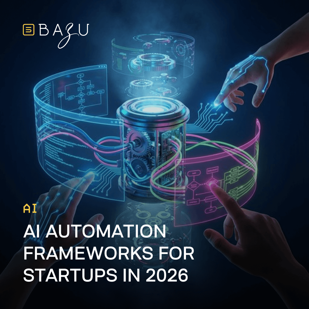 A futuristic holographic display of interconnected gears, circuits, and workflow diagrams manipulated by glowing cybernetic hands, branded with the BAZU logo and the headline "AI Automation Frameworks for Startups in 2026" under an AI icon.