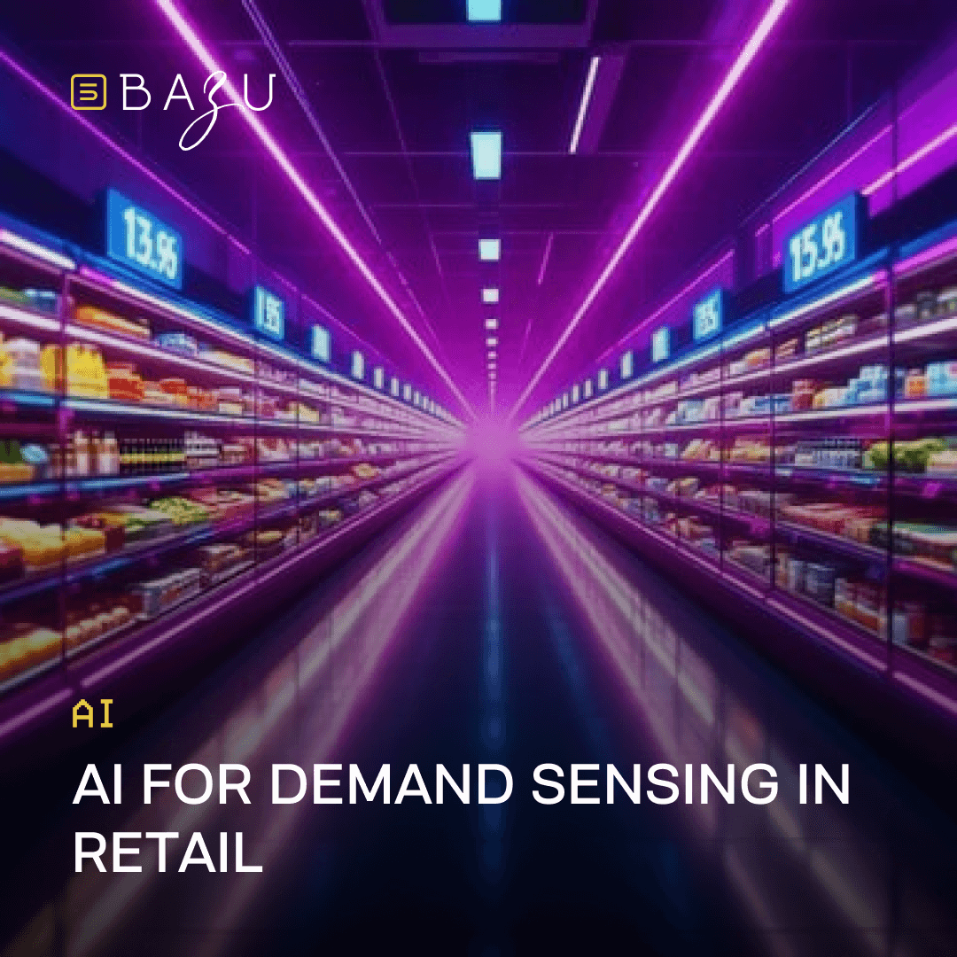 A neon-purple illuminated supermarket aisle lined with diverse shelves of groceries and beverages under glowing price tags displaying percentage increases, featuring the BAZU logo and bold overlaid text "AI for Demand Sensing in Retail" in a futuristic retail environment.