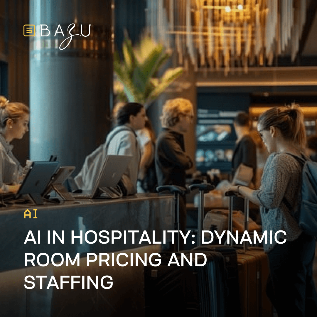 A bustling hotel lobby scene with diverse travelers checking in at a sleek reception desk amid potted palms, hanging chandeliers, and rolling suitcases, illuminated by warm golden lights, featuring the BAZU logo and overlaid text "AI in Hospitality: Dynamic Room Pricing and Staffing."
