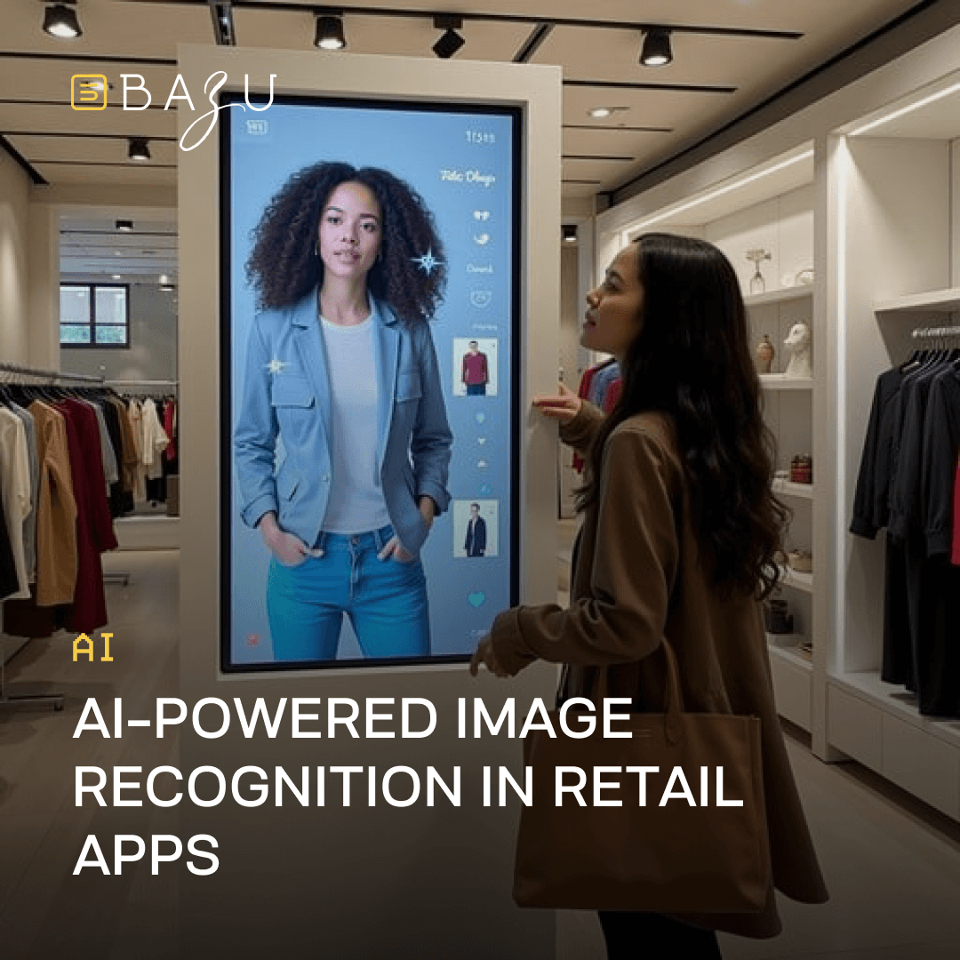 A stylish boutique interior where a young woman in a brown coat interacts curiously with a large interactive digital mirror displaying a curly-haired model in a blue denim outfit alongside clothing options and icons, illuminated by soft spotlights amid racks of apparel, featuring the BAZU logo and overlaid text "AI-Powered Image Recognition in Retail Apps."