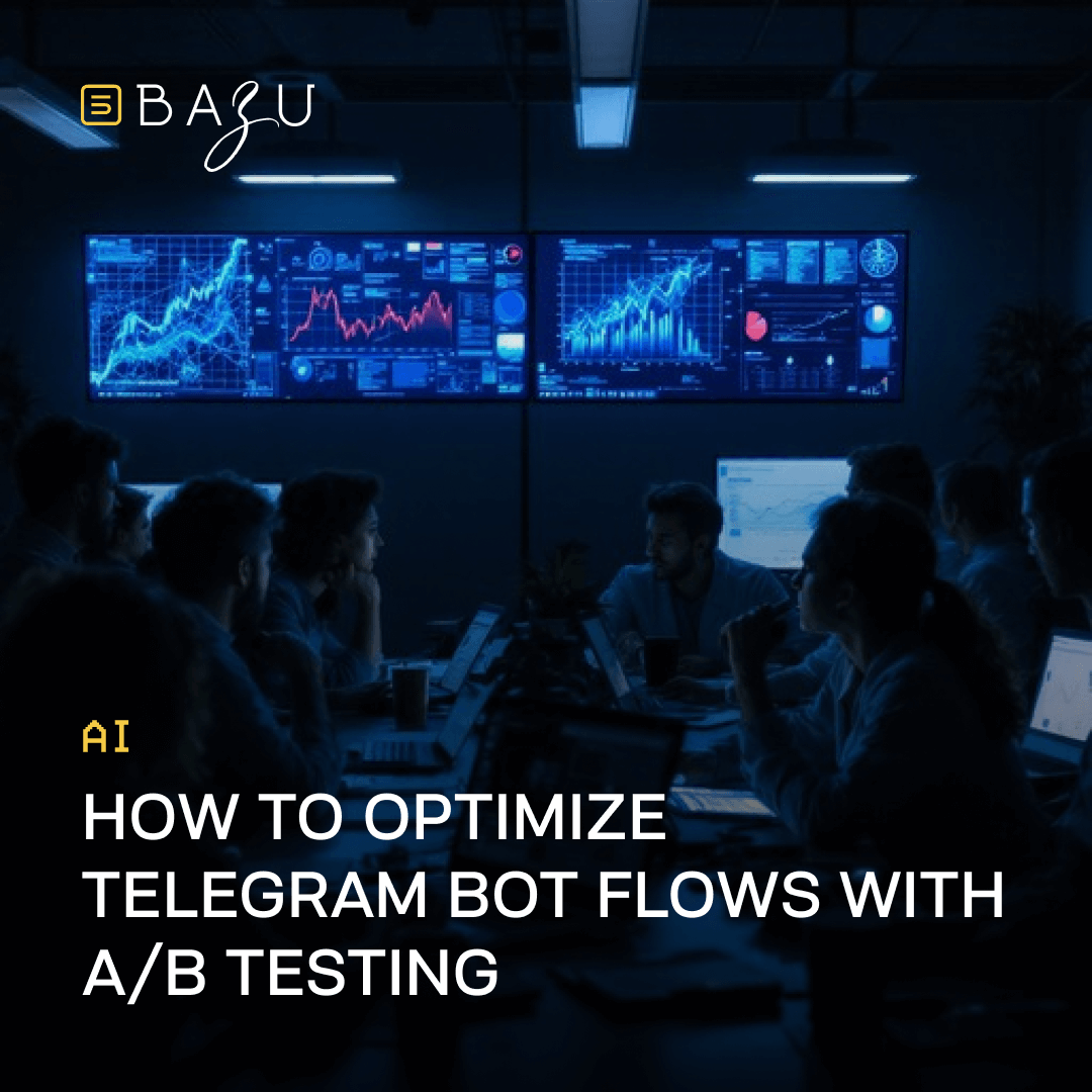 A diverse team of professionals in a dimly lit modern office collaborates around a conference table with laptops and coffee, facing large blue digital screens displaying interactive graphs and analytics, overlaid with the BAZU logo and the bold text "AI How to optimize Telegram bot flows with A/B testing."