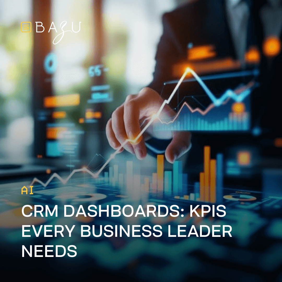 A close-up view of a suited executive's hand gesturing over a vibrant holographic CRM dashboard displaying rising line graphs, bar charts, and pie charts in blue and orange hues, featuring the BAZU logo and overlaid text "AI CRM Dashboards: KPIs Every Business Leader Needs" against a blurred office window backdrop.