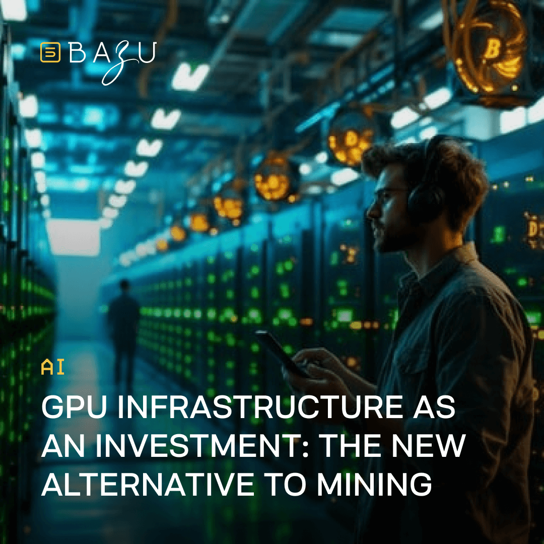 A dimly lit server room filled with glowing green server racks and overhead fans, where a focused man in glasses and headphones stands thoughtfully checking his smartphone, illuminated by the BAZU logo and overlaid text "AI GPU Infrastructure as an Investment: The New Alternative to Mining."