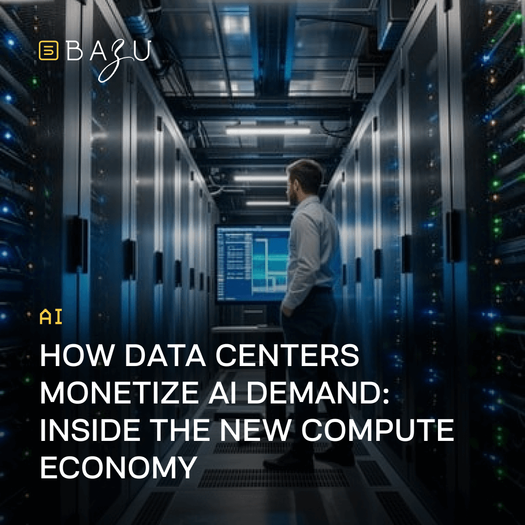 A contemplative man in a white shirt stands amid endless rows of illuminated blue server racks in a high-tech data center, gazing at a glowing monitor, symbolizing the heart of AI infrastructure, with the BAZU logo and overlaid text "AI How Data Centers Monetize AI Demand: Inside the New Compute Economy."