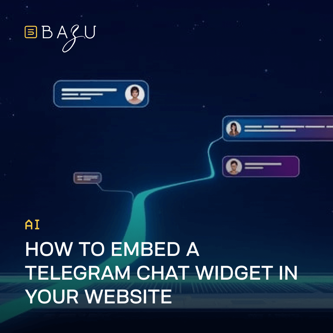 A cosmic starry night sky with ethereal holographic chat bubbles displaying diverse user avatars in blue and purple hues connected by a luminous green trajectory, featuring the BAZU logo and bold overlaid text "AI How to Embed a Telegram Chat Widget in Your Website."