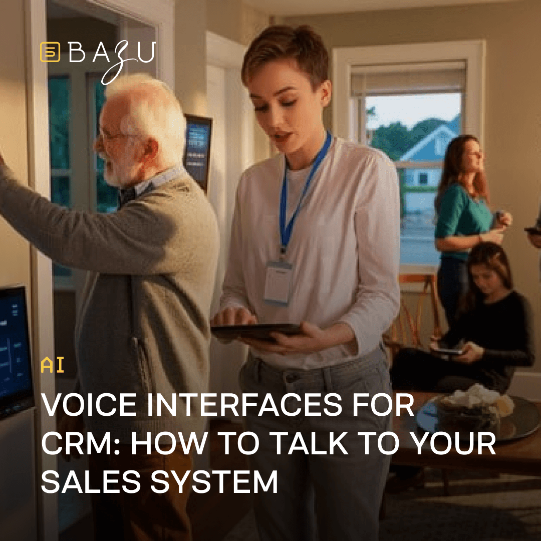A diverse group of professionals in a sunlit conference room engaging with digital screens and tablets, featuring an enthusiastic elderly man gesturing animatedly beside a poised woman with a blue lanyard, all under the BAZU logo and overlaid text "AI Voice Interfaces for CRM: How to Talk to Your Sales System."