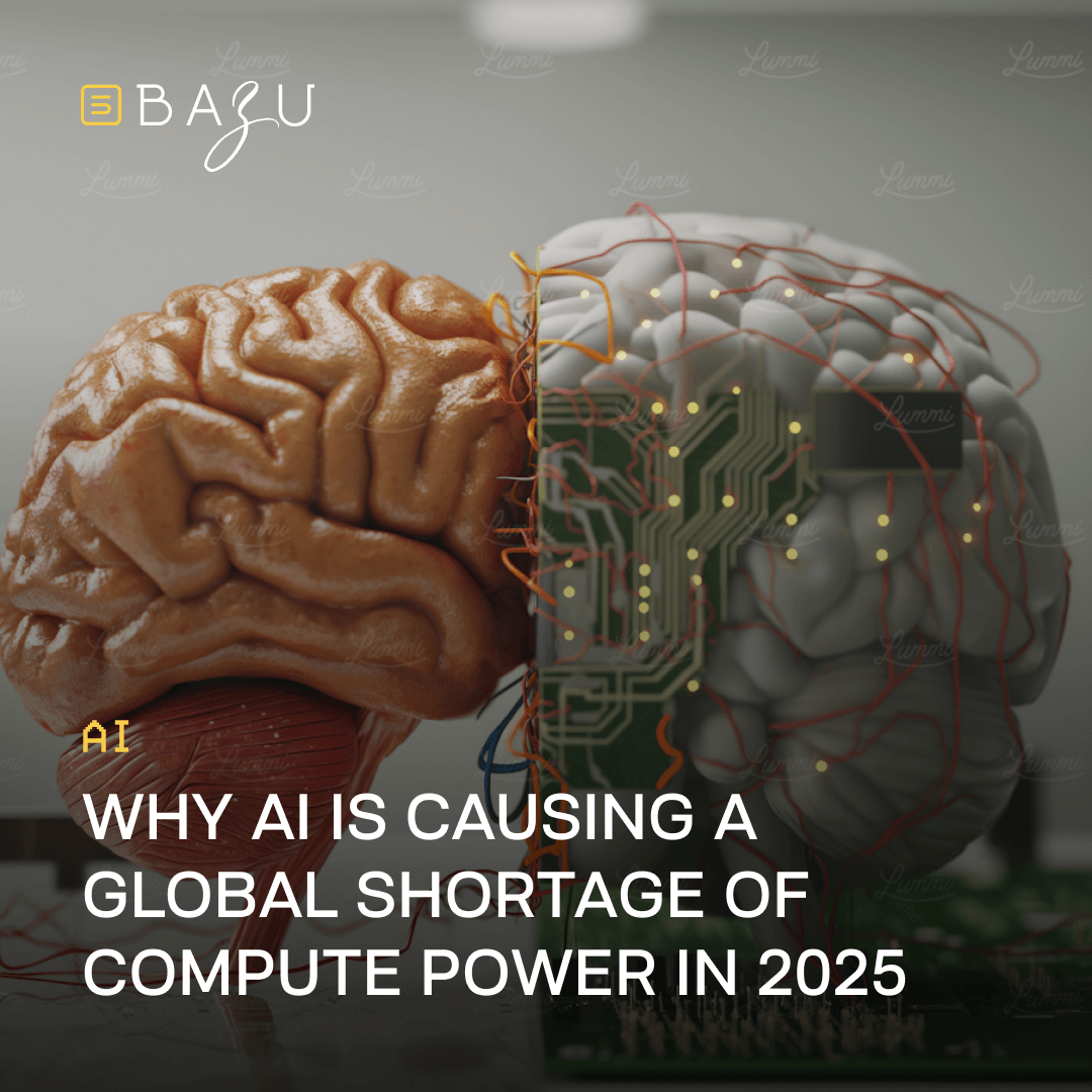 A surreal artistic rendering of a human brain split between an organic, textured orange hemisphere and a mechanical, circuit-embedded white hemisphere intertwined with glowing orange wires and green circuit boards, evoking AI's fusion with biology, featuring the BAZU logo and overlaid text "Why AI is Causing a Global Shortage of Compute Power in 2025" on a luminous gray background.