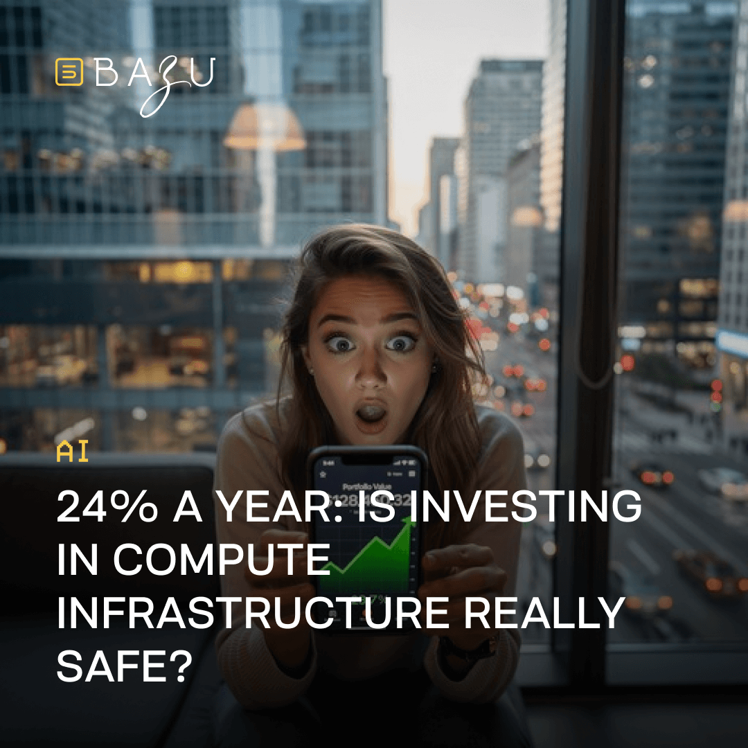 A surprised young woman with wide eyes and an open mouth sits in a modern office by a large window overlooking a bustling city skyline at dusk, holding up her smartphone displaying a green upward-trending graph labeled "24% A YEAR: Investing in AI Compute Infrastructure" from her portfolio, with the BAZU company logo and the overlaid text "Really safe?" in bold yellow and white.