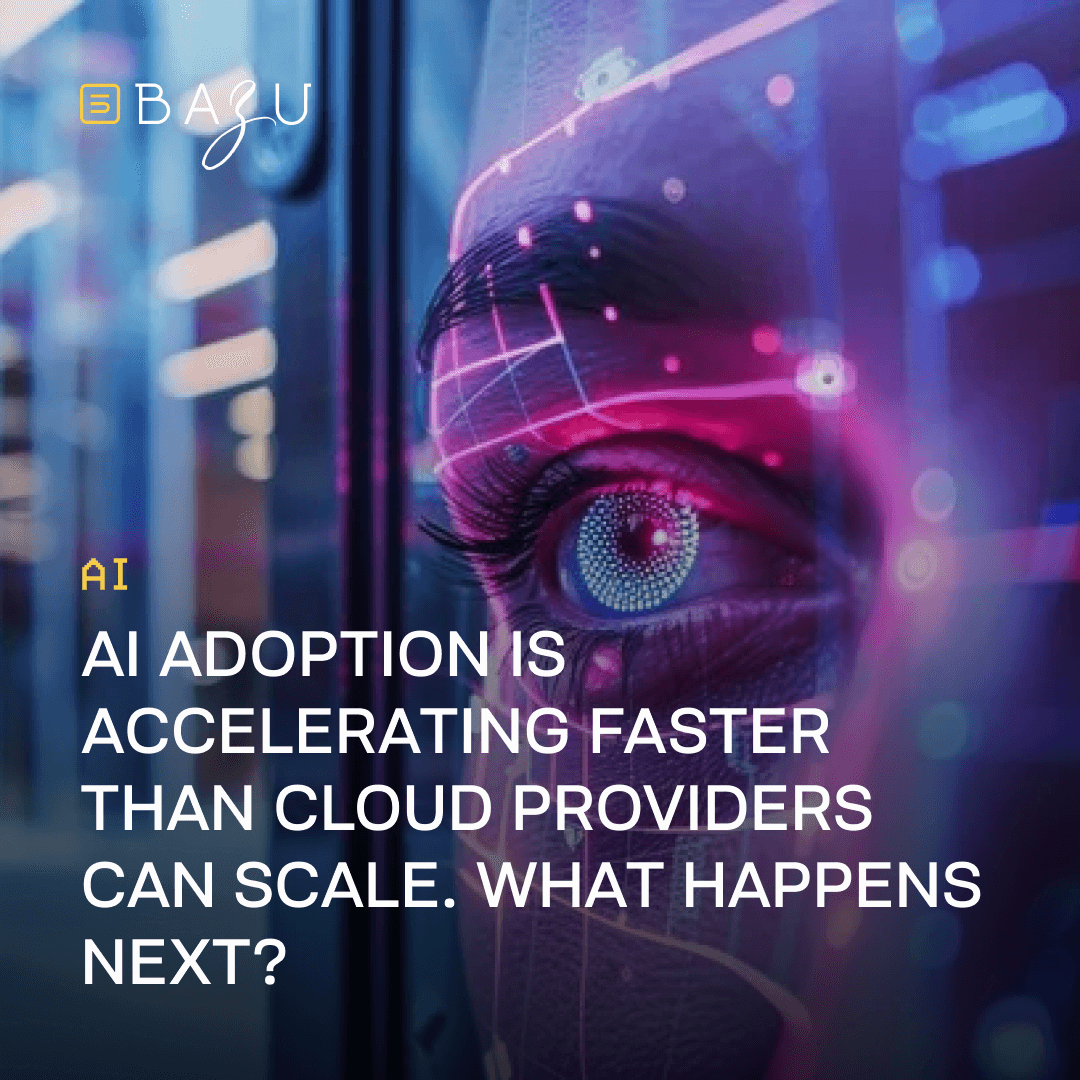 A BAZU conceptual graphic featuring a close-up of a human eye with digital data overlays, representing the rapid acceleration of AI adoption outpacing traditional cloud scaling.