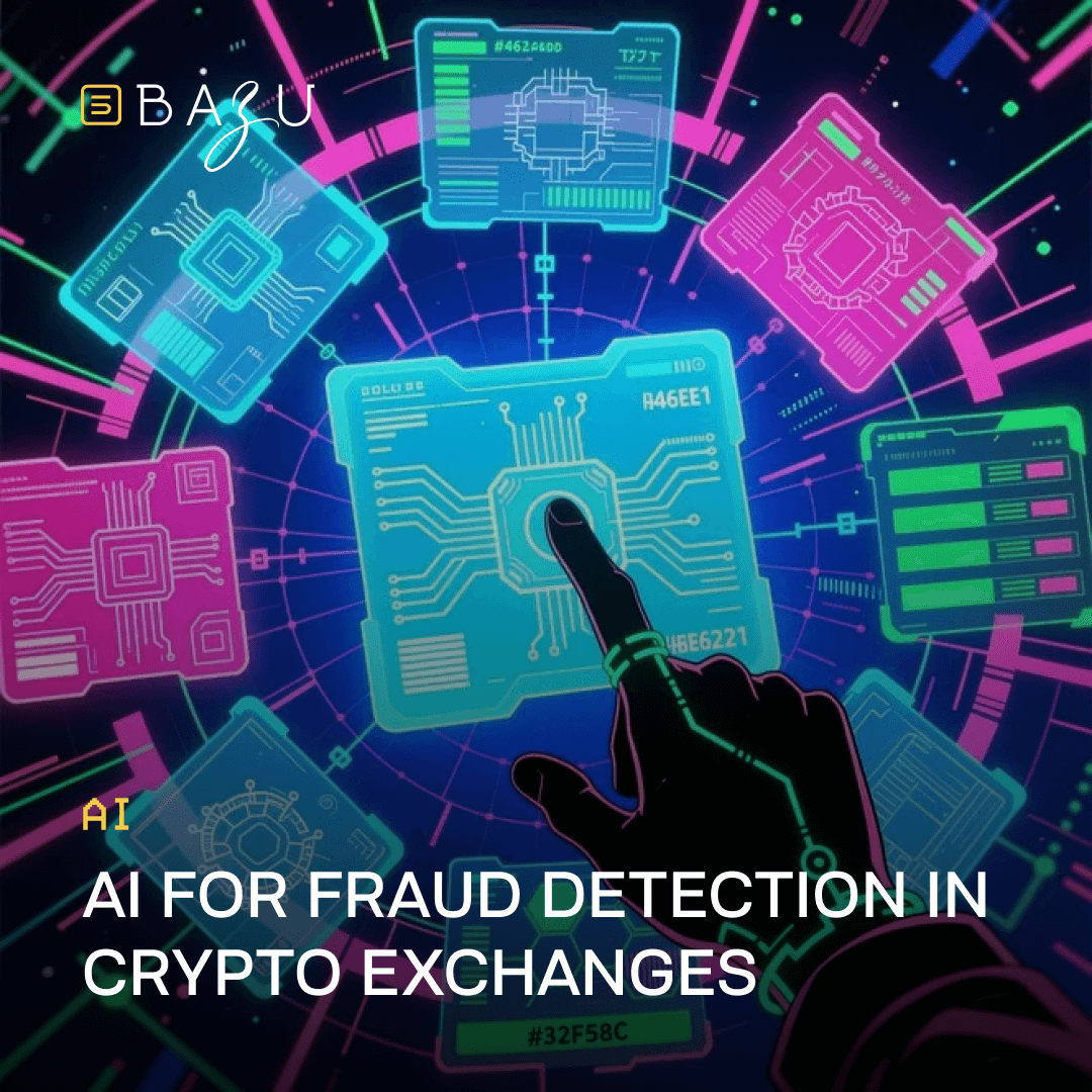 A futuristic holographic display with glowing cyan and magenta circuit boards, microchips, and data interfaces orbiting a central touchscreen interacted with by a pointing hand, prominently featuring the BAZU logo and overlaid text "AI FOR FRAUD DETECTION IN CRYPTO EXCHANGES" with hashtag #32F5C.
