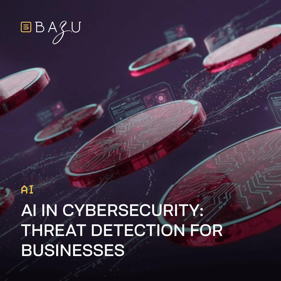 Floating red holographic discs etched with circuit patterns and glowing digital interfaces float in a purple cyberspace environment, accompanied by the BAZU company logo and yellow overlaid text reading "AI in Cybersecurity: Threat Detection for Businesses."