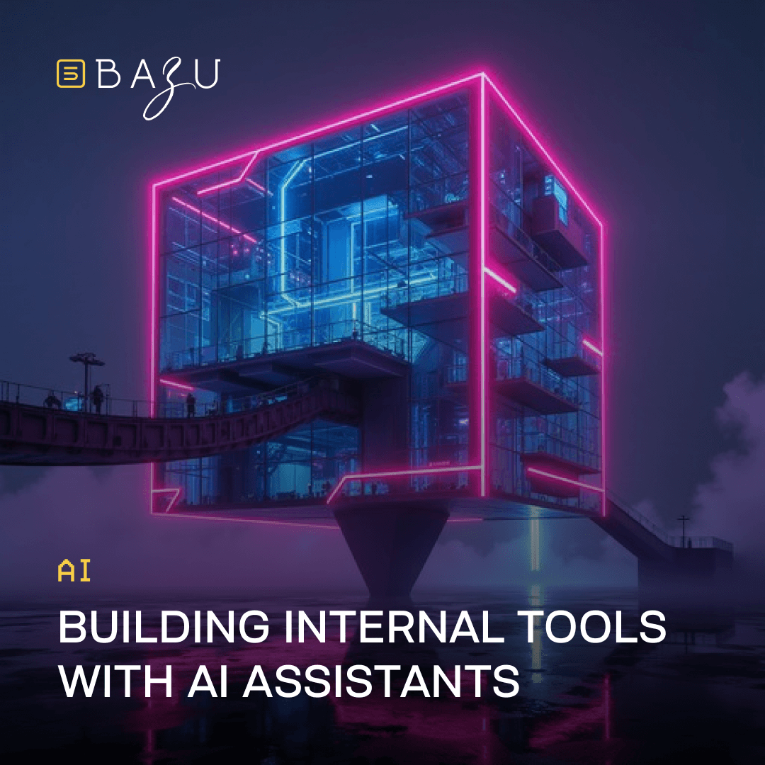 A BAZU architectural visual of a futuristic glass building glowing with pink neon lights, symbolizing the structural efficiency of building internal business tools with AI assistants.
