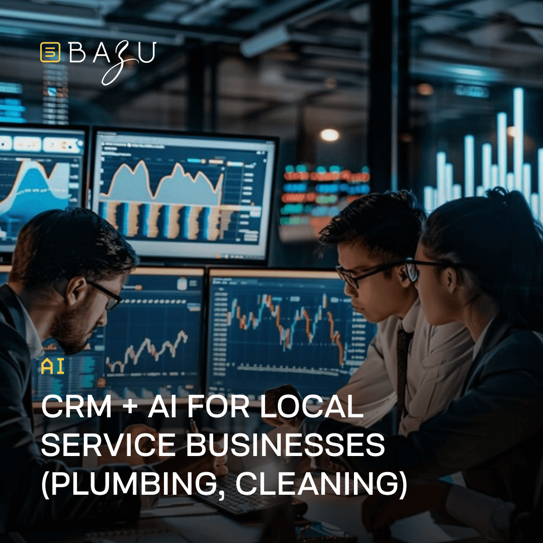 A BAZU promotional image showing a professional team analyzing data on multiple monitors to demonstrate the power of CRM and AI integration for local service businesses.