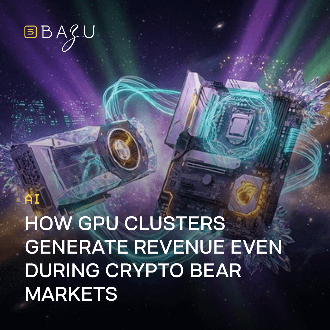 A professional BAZU branded graphic featuring high-performance computer chips on a circuit board surrounded by glowing crystals to illustrate the power of decentralized AI compute networks.