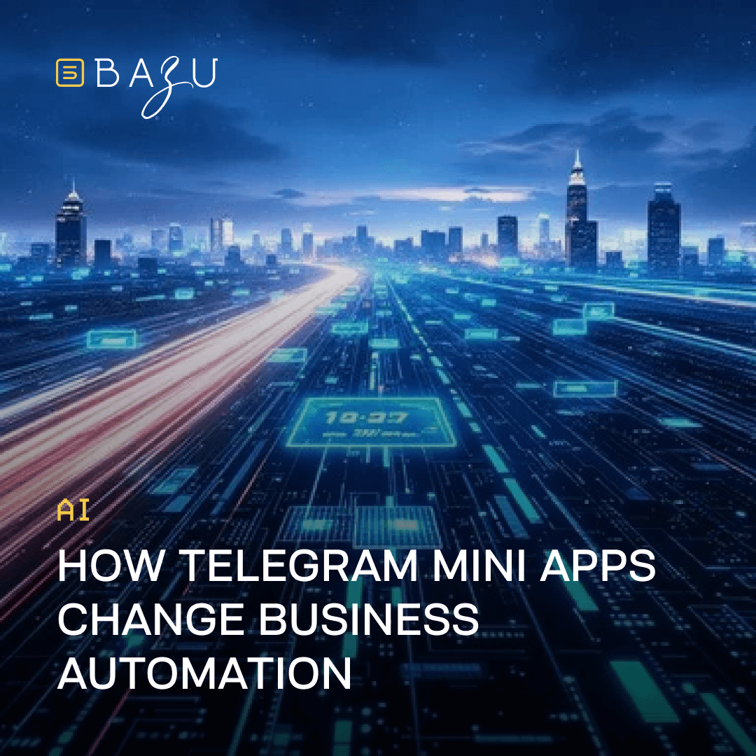 A futuristic nighttime cityscape featuring towering skyscrapers, a glowing highway with light trails, and neon digital overlays symbolizing AI, branded with the BAZU logo and the headline "How Telegram Mini Apps Change Business Automation."