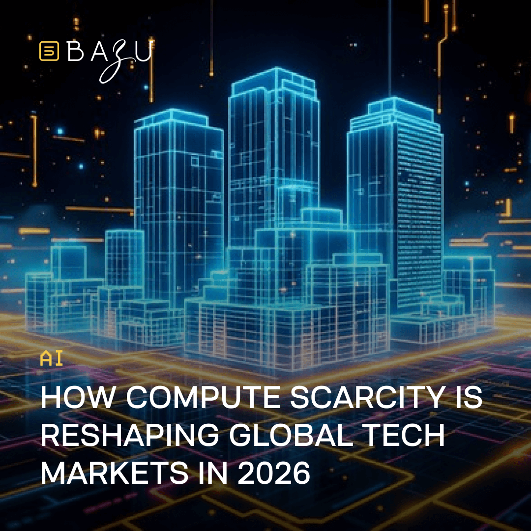 A futuristic neon-lit skyline of glowing blue wireframe skyscrapers rises against a dark night sky, illuminated by orange accents and featuring the BAZU company logo with bold overlaid text "AI How Compute Scarcity Is Reshaping Global Tech Markets in 2026."