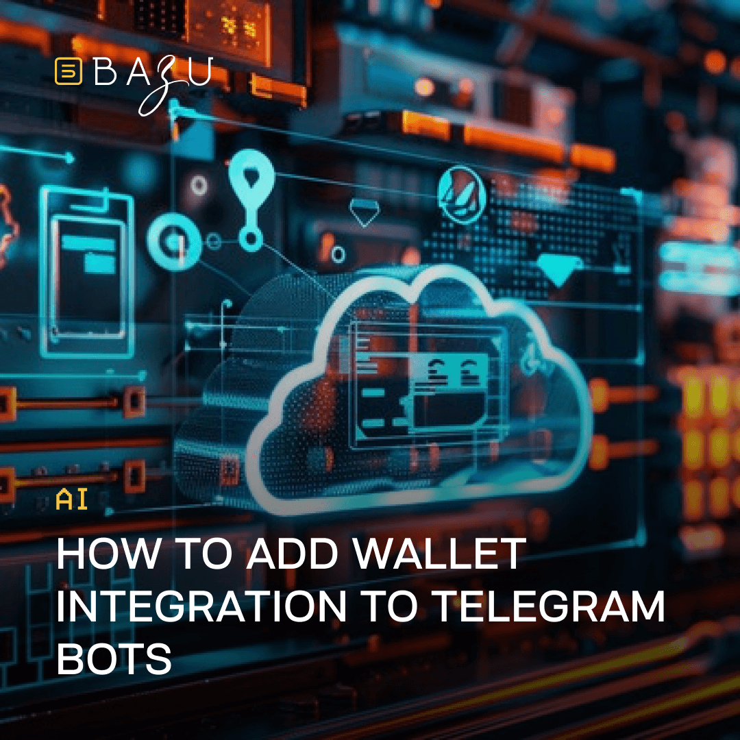 A futuristic holographic interface with glowing icons representing documents, settings, security, navigation, and cloud services floats over illuminated orange-and-blue server racks, featuring the BAZU company logo and bold overlaid text "AI How to Add Wallet Integration to Telegram Bots."