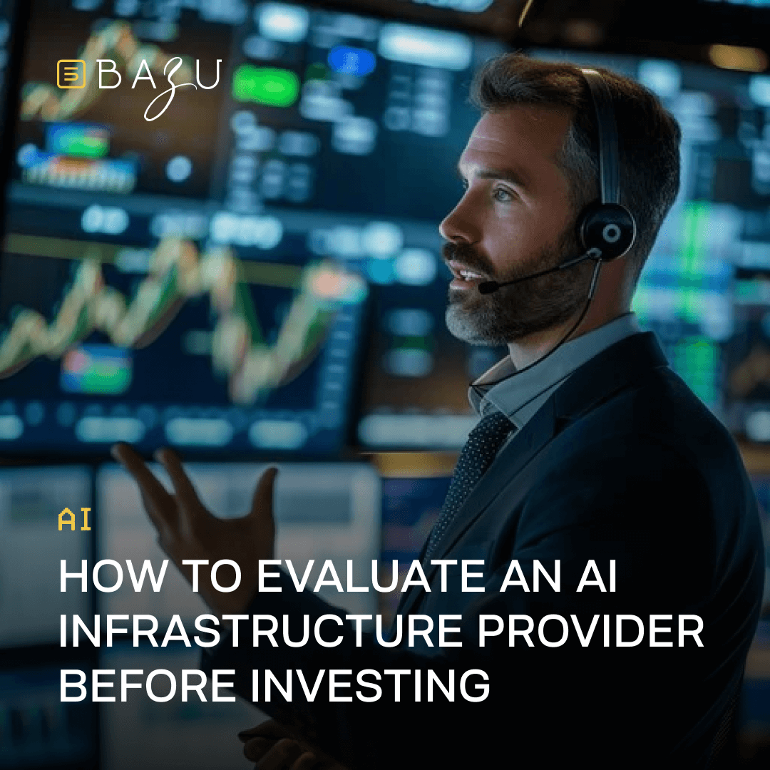 A BAZU professional image of an analyst with a headset gesturing toward complex financial data screens to illustrate how to evaluate AI infrastructure providers before investing.
