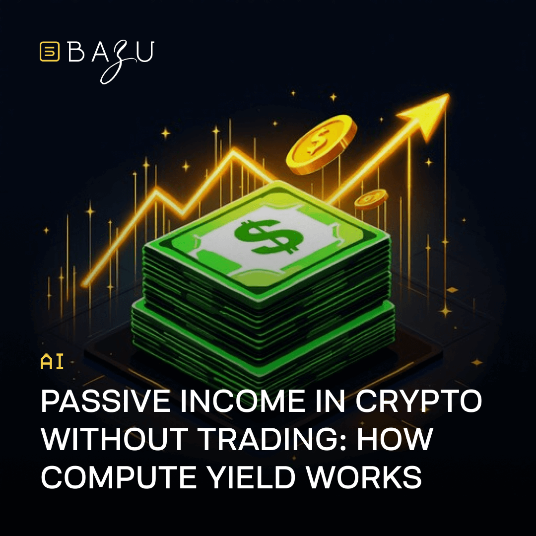 A professional BAZU promotional graphic featuring a stack of digital currency and a rising golden growth chart to illustrate passive income and compute yield in the crypto and AI sectors.