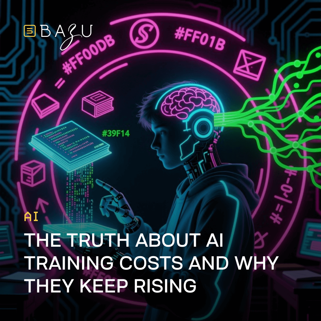 A neon-drenched cyberpunk artwork depicting a young man with a glowing neural implant brain, surrounded by floating code books, digital nodes, and holographic elements, highlighting BAZU AI's insightful piece "The Truth About AI Training Costs and Why They Keep Rising" with tags #FFO1B and #FFODB.
