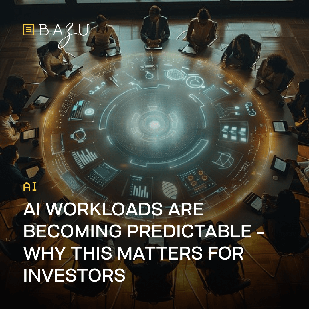 Diverse team of professionals seated around a high-tech circular conference table with a glowing futuristic holographic interface displaying AI data visualizations and metrics, highlighting BAZU's insights on why predictable AI workloads matter for investors.