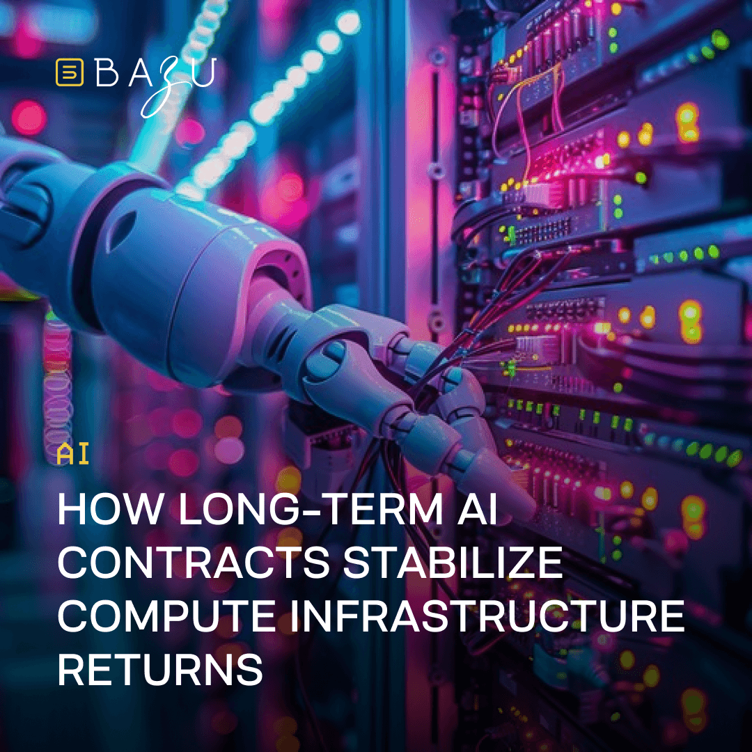 Futuristic robotic arm with glowing blue joints reaching into a vibrant server rack illuminated by pink, cyan, and yellow neon lights and sparkling bokeh effects, surrounded by cables and circuit details, overlaid with the BAZU logo and the title "HOW LONG-TERM AI CONTRACTS STABILIZE COMPUTE INFRASTRUCTURE RETURNS".