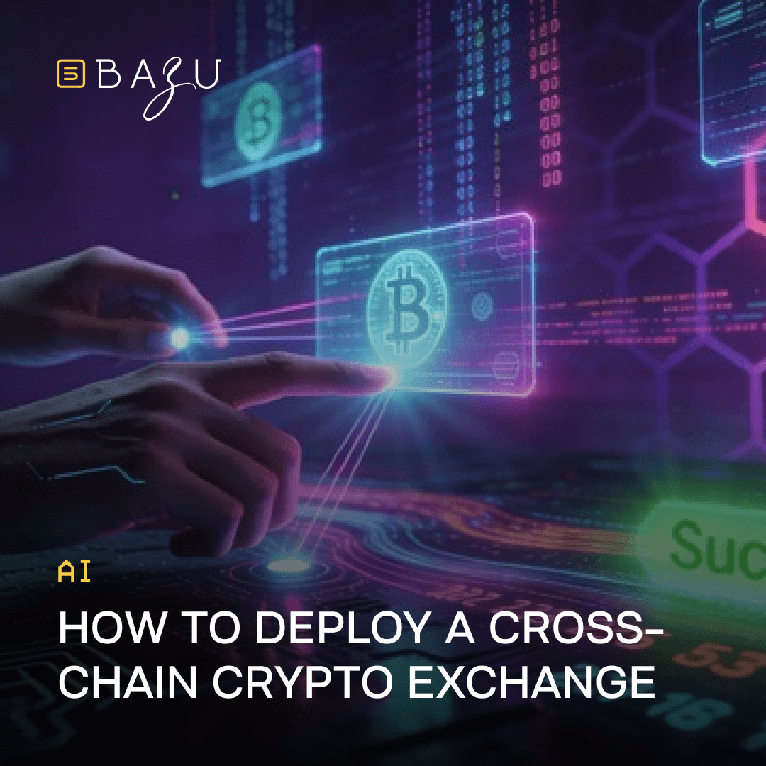 BAZU futuristic holographic interface with a glowing Bitcoin symbol projected from a pointing finger amid neon digital code and hexagonal blockchain patterns, illustrating how to deploy a cross-chain cryptocurrency exchange powered by AI.