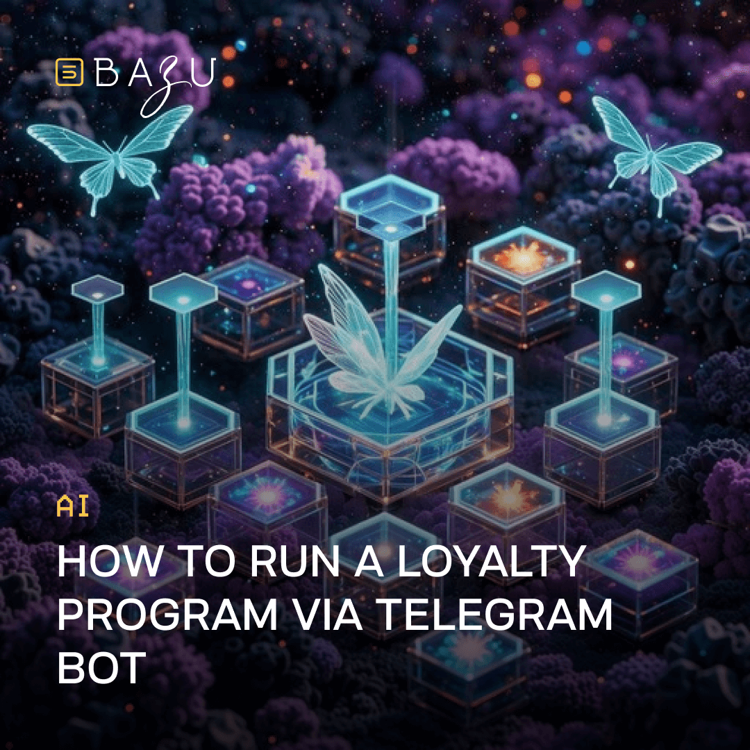 Surreal digital artwork featuring a large glowing translucent cannabis leaf atop a towering hexagonal pedestal, surrounded by floating crystalline blocks emitting cyan and purple light, vibrant purple coral-like structures, and ethereal blue butterflies fluttering through a starry cosmic background, overlaid with the BAZU logo and the title "HOW TO RUN A LOYALTY PROGRAM VIA TELEGRAM BOT".