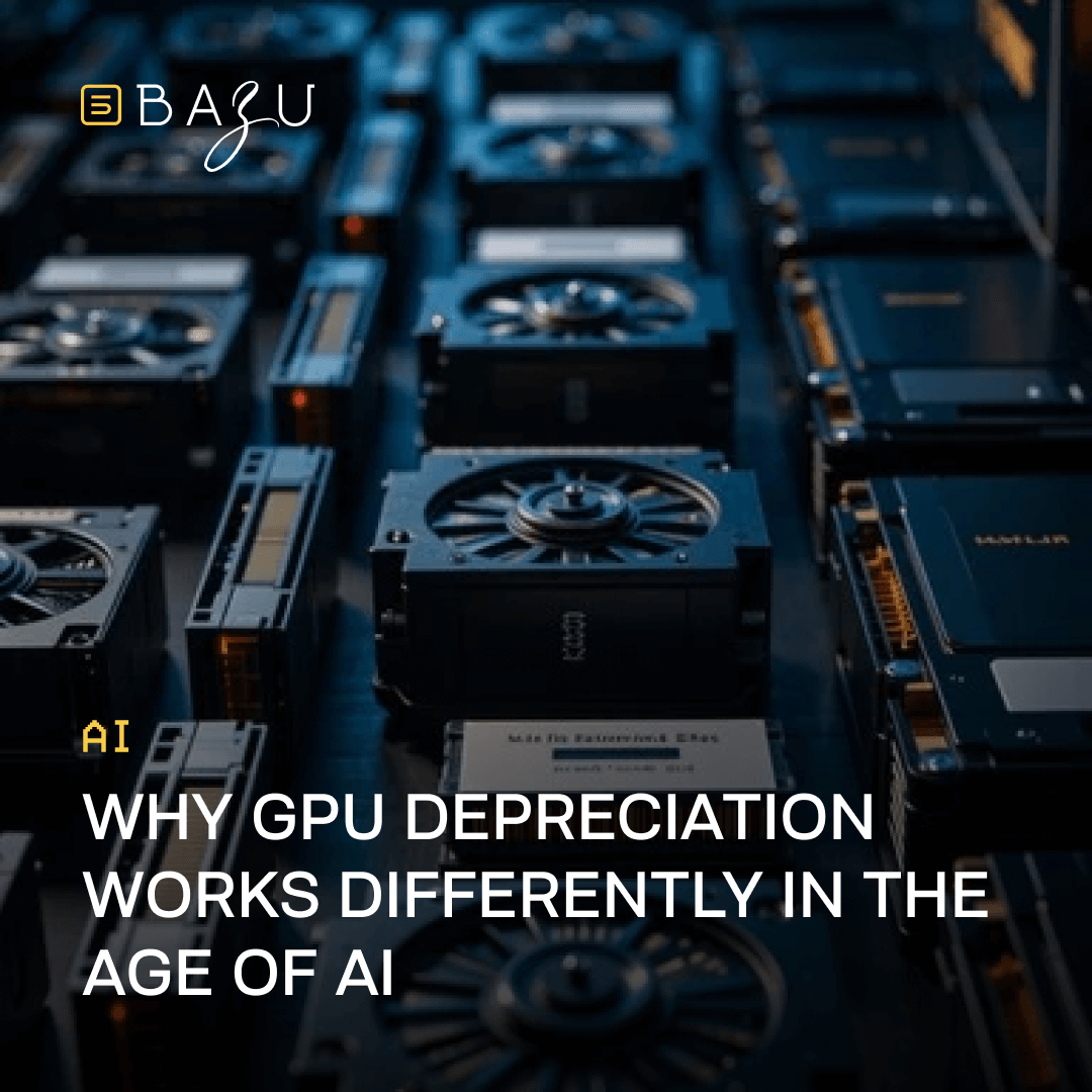 Close-up view of densely packed server racks filled with various NVIDIA GPUs featuring large cooling fans and heat sinks in shades of black and blue, illuminated by subtle orange ambient lighting, with the BAZU logo overlaid at the top and the title "WHY GPU DEPRECIATION WORKS DIFFERENTLY IN THE AGE OF AI".