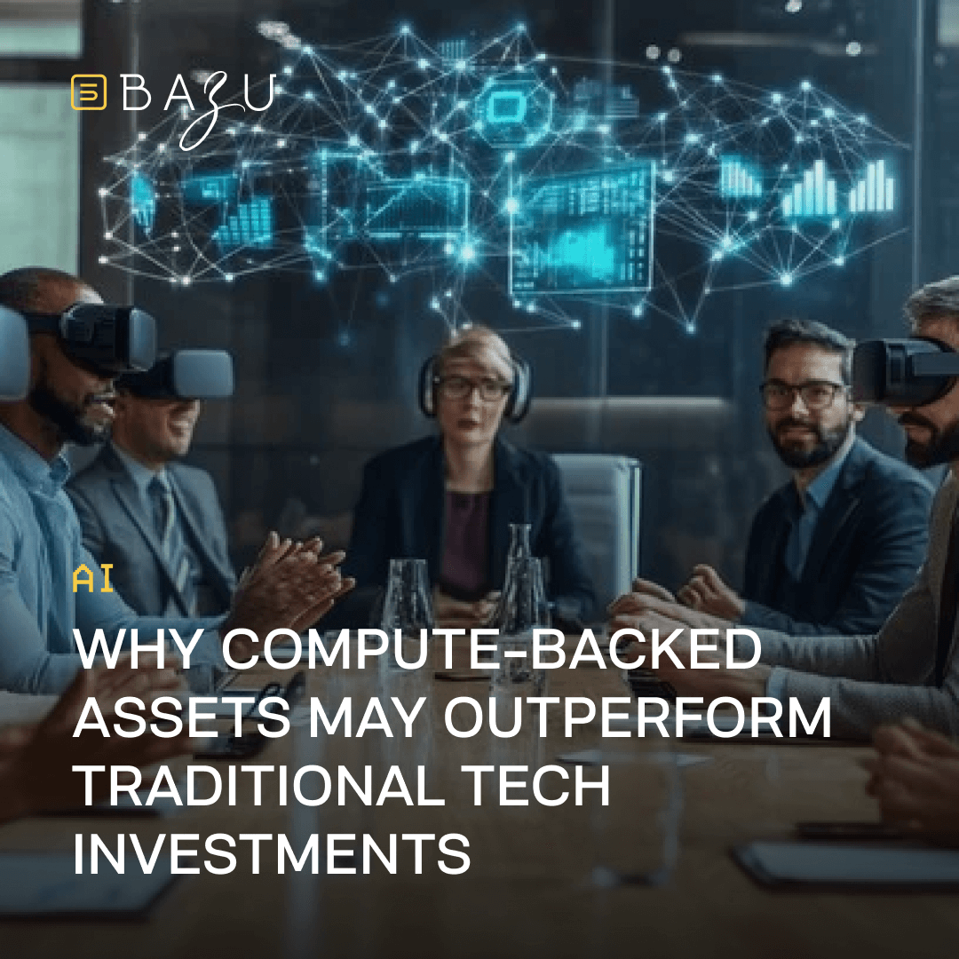 Diverse group of business professionals wearing VR headsets gathered around a conference table, immersed in a holographic network of glowing blue data visualizations, charts, and AI metrics, as BAZU explores why compute-backed assets may outperform traditional tech investments.