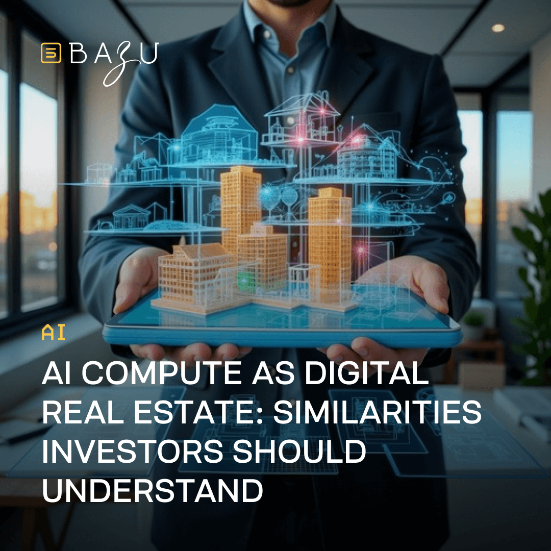 A professional businessman in a dark suit holding up a glowing tablet in a modern office setting, displaying a holographic projection of layered digital 3D building models including houses, skyscrapers, and architectural structures symbolizing digital real estate, overlaid with the BAZU logo and bold text explaining AI compute as digital real estate and key similarities investors should understand.