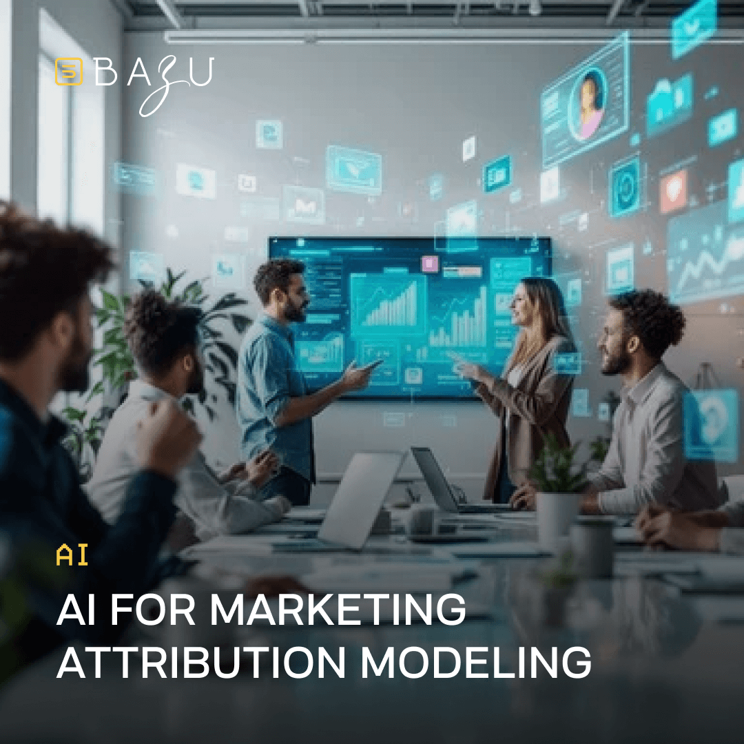 A modern collaborative meeting in a bright office where a diverse team of professionals stands and sits around a conference table, actively discussing data insights as holographic charts, graphs, user profiles, and marketing icons float in augmented reality above them, with a large wall screen displaying advanced analytics visualizations, overlaid with the BAZU logo and bold text on AI for marketing attribution modeling.