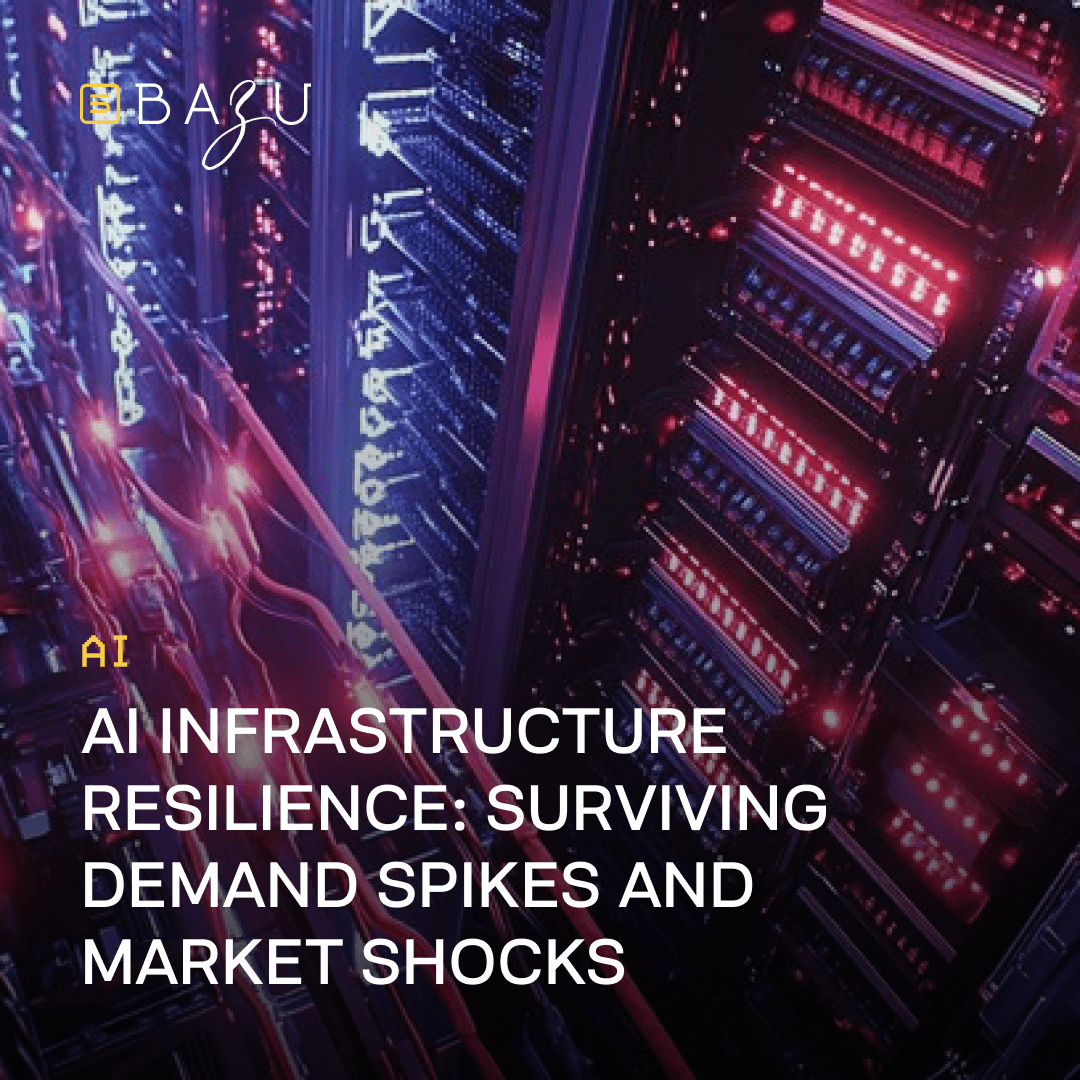 A dramatic futuristic data center interior viewed from a low angle, with towering rows of server racks bathed in intense magenta, purple, and blue neon lighting, dramatic light beams cutting through misty air, and glowing code-like patterns streaming vertically across the scene, overlaid with the BAZU logo and bold text on AI infrastructure resilience for surviving demand spikes and market shocks.