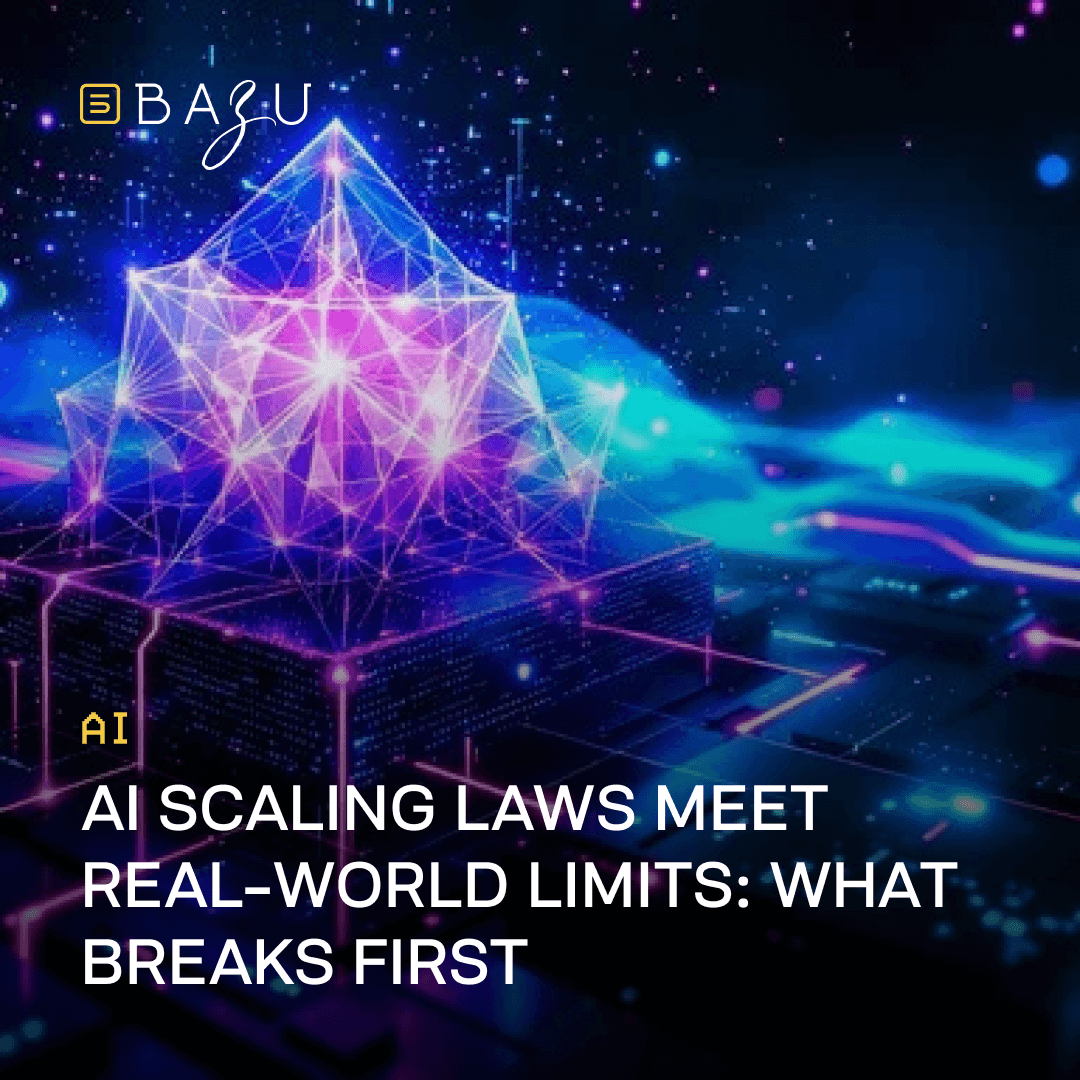 Futuristic glowing geometric pyramid structure made of interconnected luminous nodes and lines floating in a dark cosmic space with vibrant blue and purple energy gradients, overlaid with the BAZU logo and bold text exploring how AI scaling laws encounter real-world limits and what breaks first.