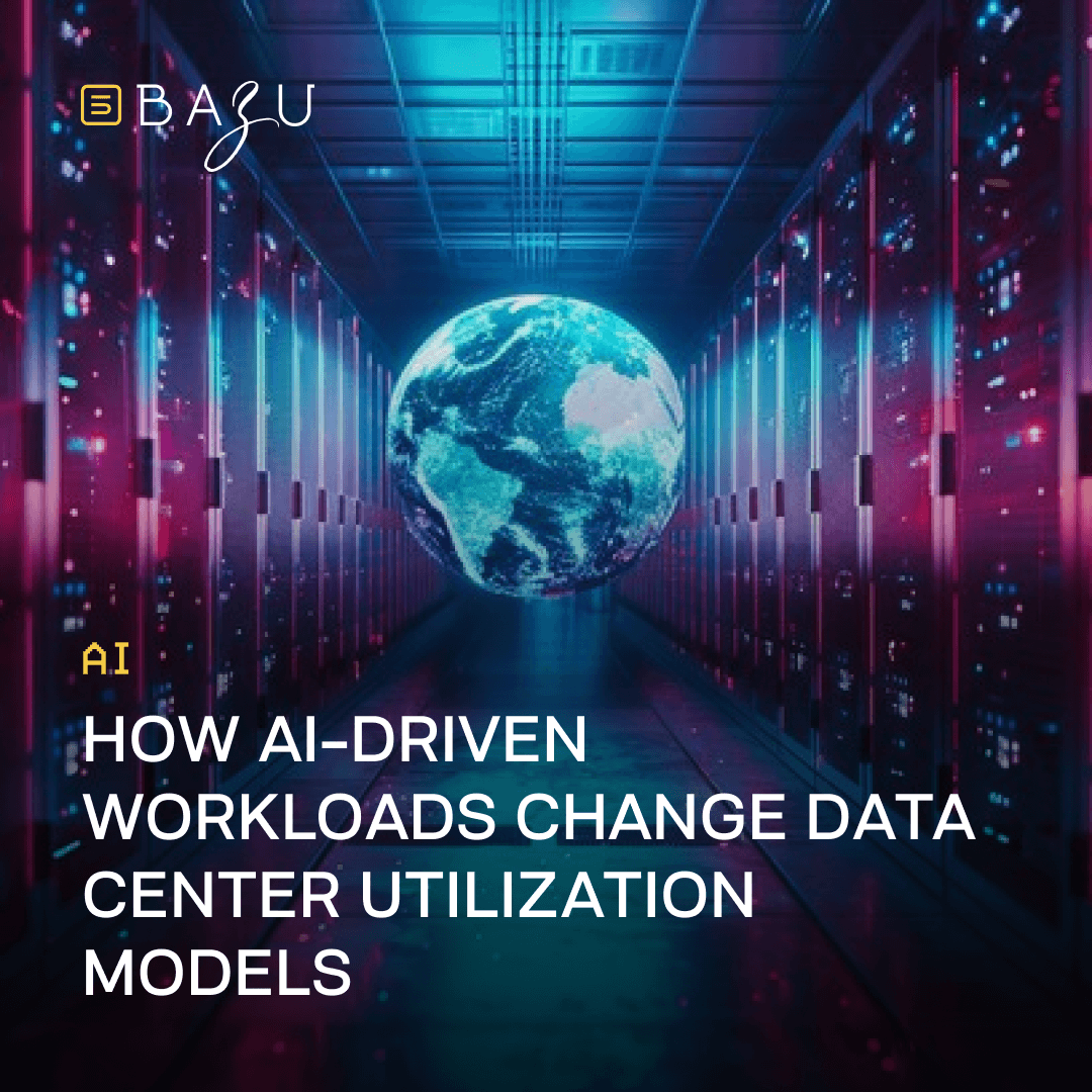 A futuristic data center corridor with rows of illuminated server racks in vibrant blue and cyan neon lighting, featuring a large glowing holographic Earth globe hovering in the center of the aisle, symbolizing global scale, overlaid with the BAZU logo and bold text explaining how AI-driven workloads are transforming data center utilization models.