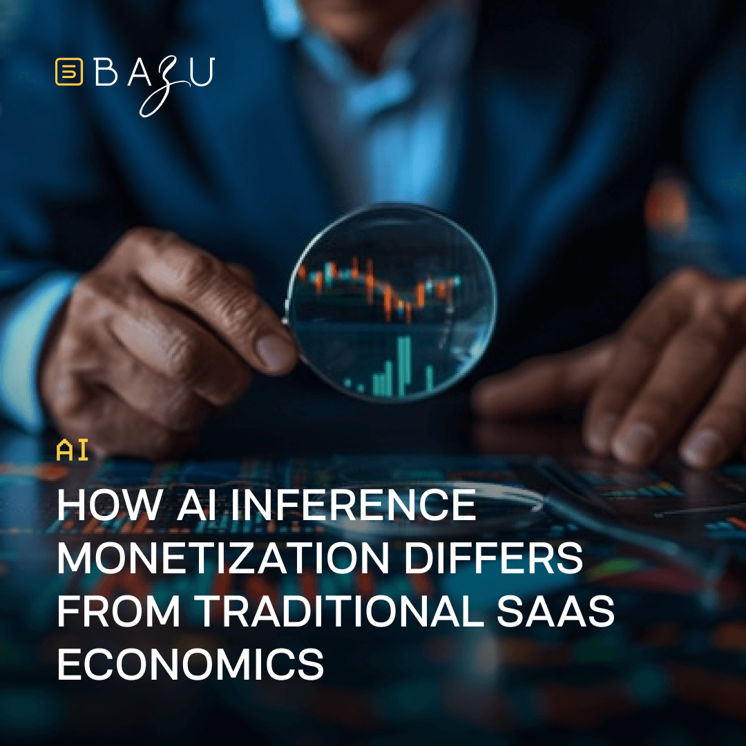 A sharply dressed businessman in a blue suit closely examining colorful candlestick charts and financial data through a large magnifying glass held over a digital tablet in a dimly lit modern office setting, creating a focused investigative atmosphere, overlaid with the BAZU logo and bold text explaining how AI inference monetization differs from traditional SaaS economics.