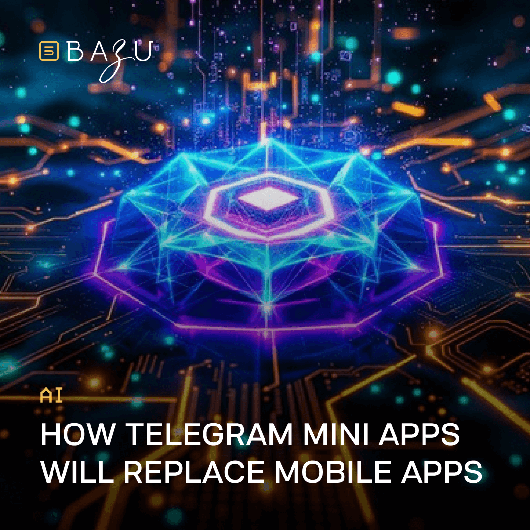 Futuristic glowing geometric polyhedral structure resembling a crystalline octahedron or dodecahedron made of interconnected neon blue, purple, and orange circuit-like lines floating in a dark digital space with sparkling light particles, overlaid with the BAZU logo and bold text explaining how Telegram Mini Apps will replace traditional mobile applications.