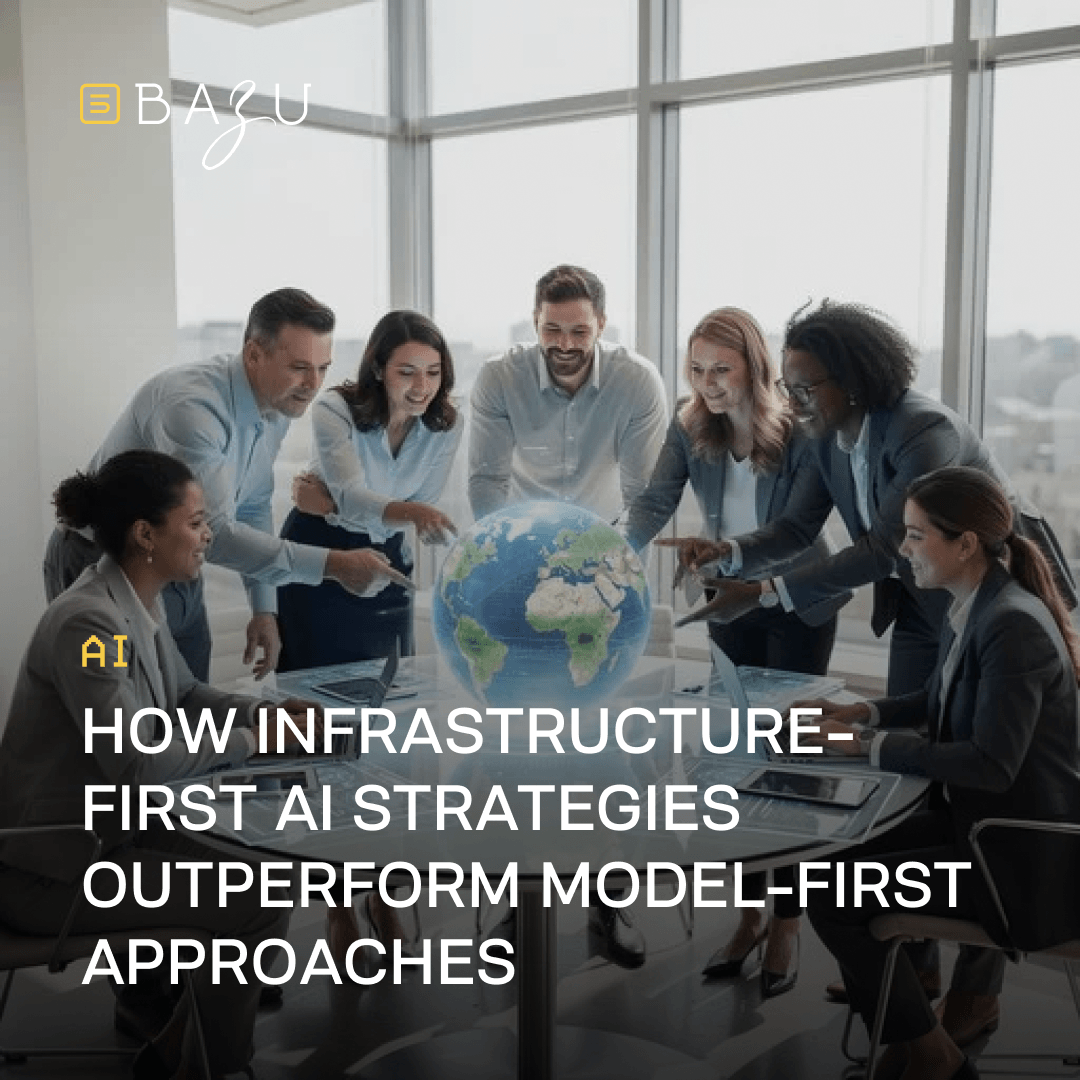 A diverse group of confident business professionals in modern attire gathered around a large conference table in a bright, glass-walled office with city views, collaboratively pointing at and discussing a glowing physical globe and digital laptops displaying data, symbolizing global strategy, overlaid with the BAZU logo and bold text explaining how infrastructure-first AI strategies outperform model-first approaches.