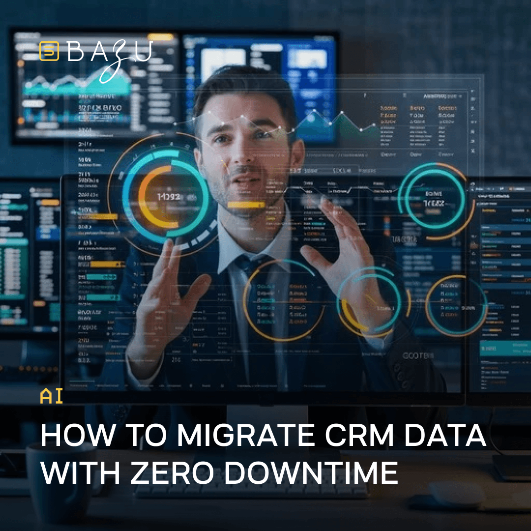 A confident young businessman in a suit presenting holographic data dashboards, circular progress gauges, and interactive analytics visualizations floating in augmented reality in front of him, while standing in a high-tech control room surrounded by large monitors displaying real-time charts and CRM metrics, overlaid with the BAZU logo and bold text on how to migrate CRM data with zero downtime.