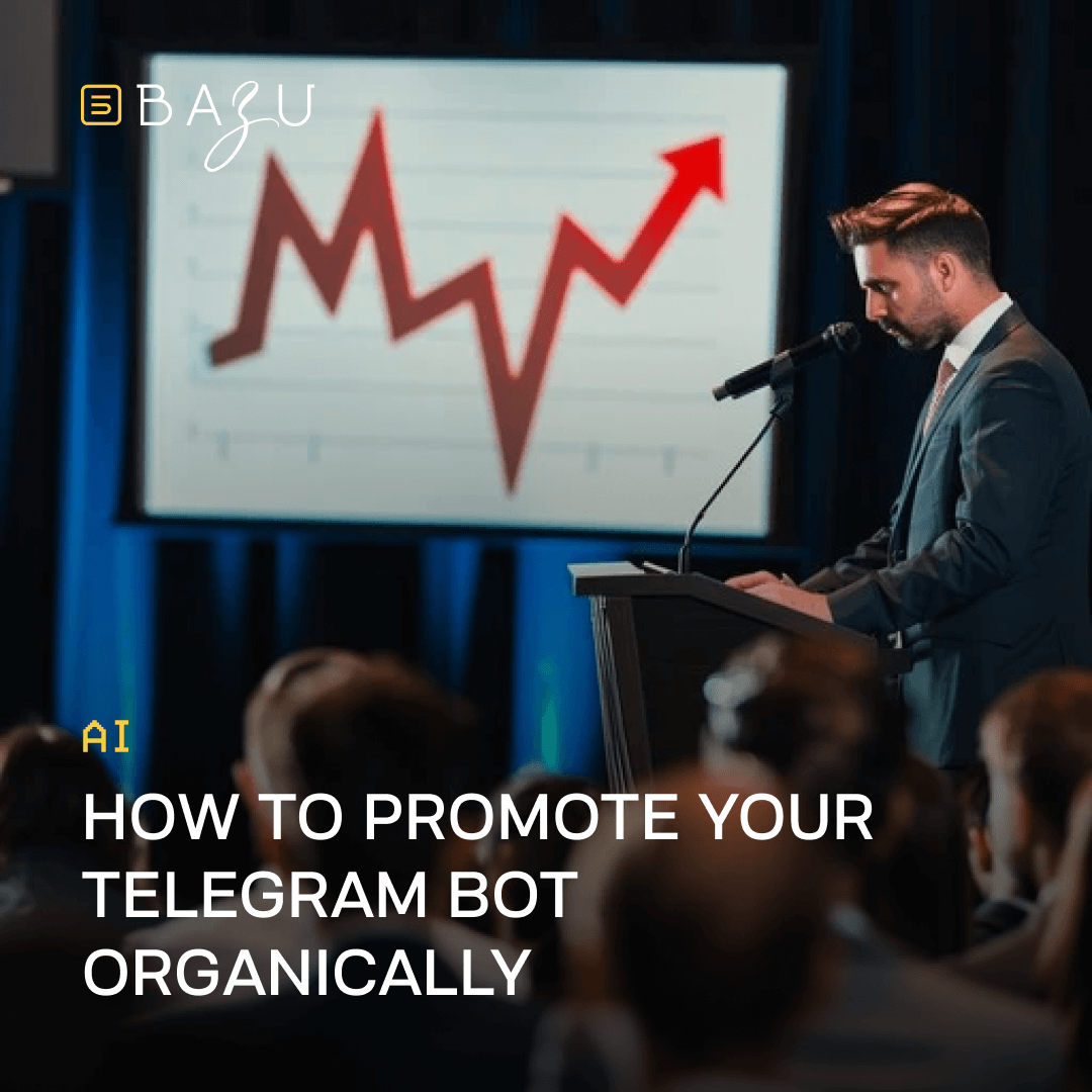 A confident businessman in a sharp suit delivering a presentation on stage at a dimly lit conference, standing at a podium with a microphone while a large screen behind him displays a bold red upward-trending line graph symbolizing growth, overlaid with the BAZU logo and prominent text on how to organically promote your Telegram bot.