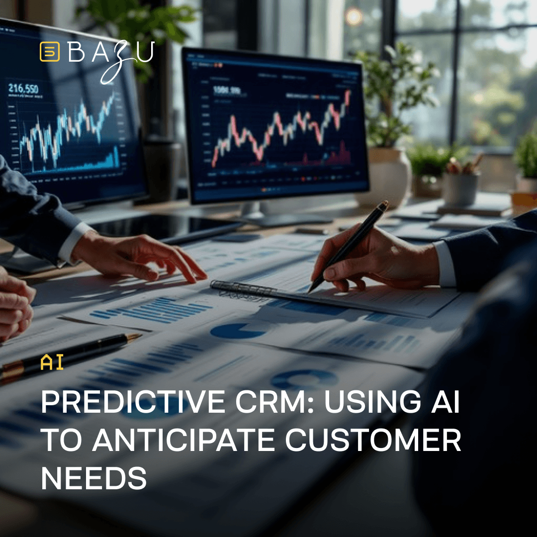 A professional business team collaborating around a large conference table in a bright modern office, with hands pointing at spreadsheets and charts while multiple large monitors in the background display rising stock-like graphs and predictive analytics dashboards in blue and red tones, overlaid with the BAZU logo and bold text on predictive CRM using AI to anticipate customer needs.