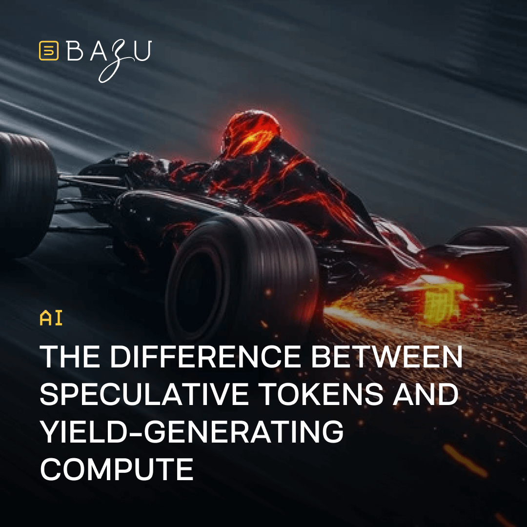 A dramatic high-speed racing scene featuring a futuristic Formula 1-style car engulfed in glowing red-orange energy flames speeding down a dark track at night, with sparks and motion blur, overlaid with the BAZU logo and bold text highlighting the difference between speculative tokens and yield-generating compute.