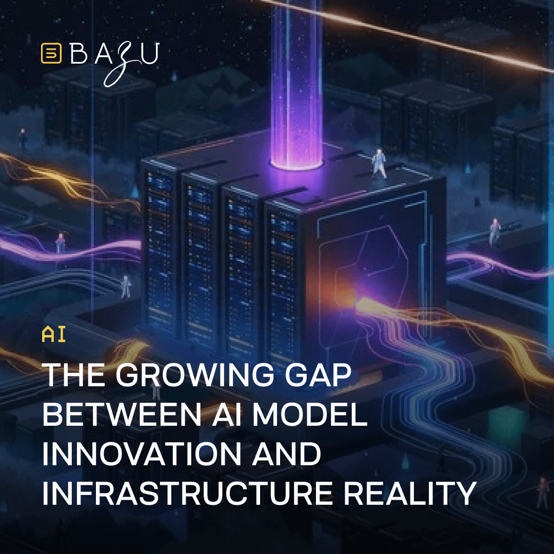 A surreal isometric night scene of a massive futuristic data center complex under a starry sky, featuring towering server racks forming a central platform topped by a glowing purple energy pillar shooting upward, with tiny astronaut figures walking on the structure amid flowing neon data streams and light trails connecting infrastructure elements, overlaid with the BAZU logo and bold text highlighting the growing gap between AI model innovation and infrastructure reality.