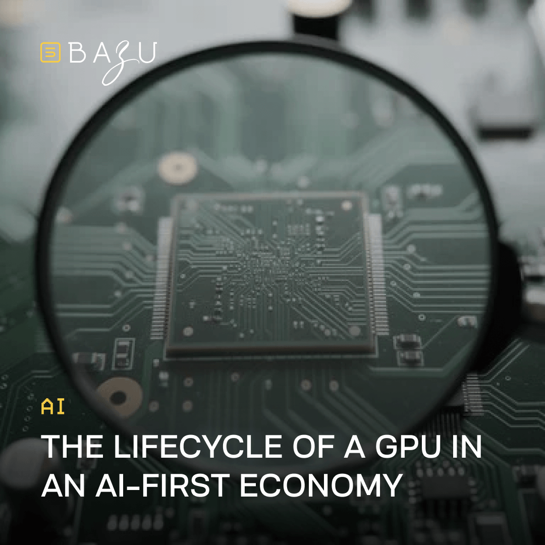 A close-up macro shot through a magnifying glass sharply focusing on the intricate green circuit board and central GPU chip with dense golden pin arrays and complex wiring patterns, set against a softly blurred motherboard background, overlaid with the BAZU logo and bold text exploring the lifecycle of a GPU in an AI-first economy.