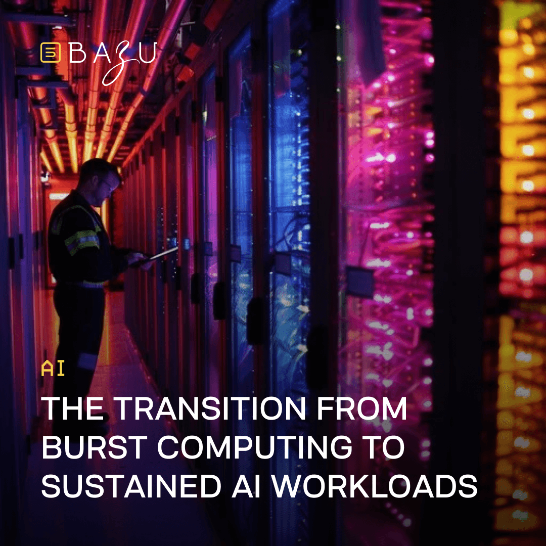 A technician in high-visibility safety gear and glasses intently reviewing data on a tablet while standing in a narrow, vibrantly lit data center aisle surrounded by towering server racks bathed in intense pink, purple, and blue neon lighting with overhead cooling pipes glowing in red and orange, overlaid with the BAZU logo and bold text describing the transition from burst computing to sustained AI workloads.