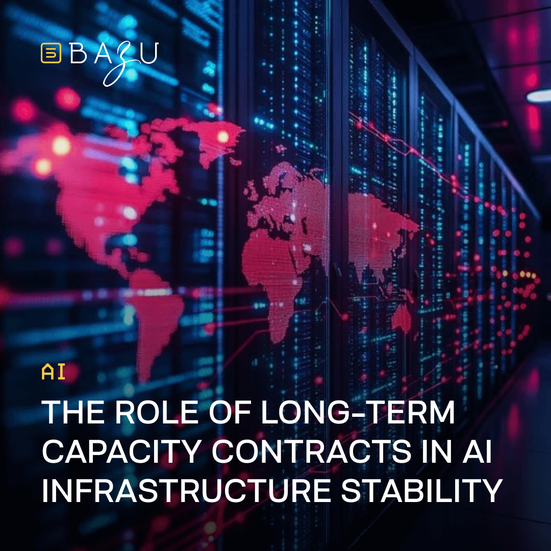 A high-tech data center aisle lined with rows of illuminated server racks glowing in vibrant blue and cyan lights, overlaid with a translucent holographic world map highlighting continents and dynamic upward-trending data graphs in red and orange, symbolizing global AI infrastructure, along with the BAZU logo and bold text on the role of long-term capacity contracts in ensuring AI infrastructure stability.