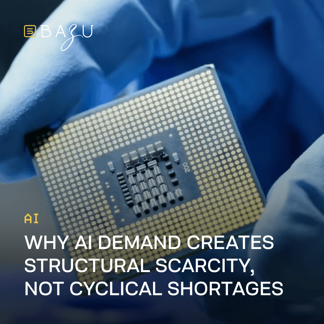 Close-up of a golden semiconductor chip with intricate circuit patterns held in a gloved hand, overlaid with the BAZU logo and text explaining why AI demand causes structural scarcity rather than cyclical shortages.