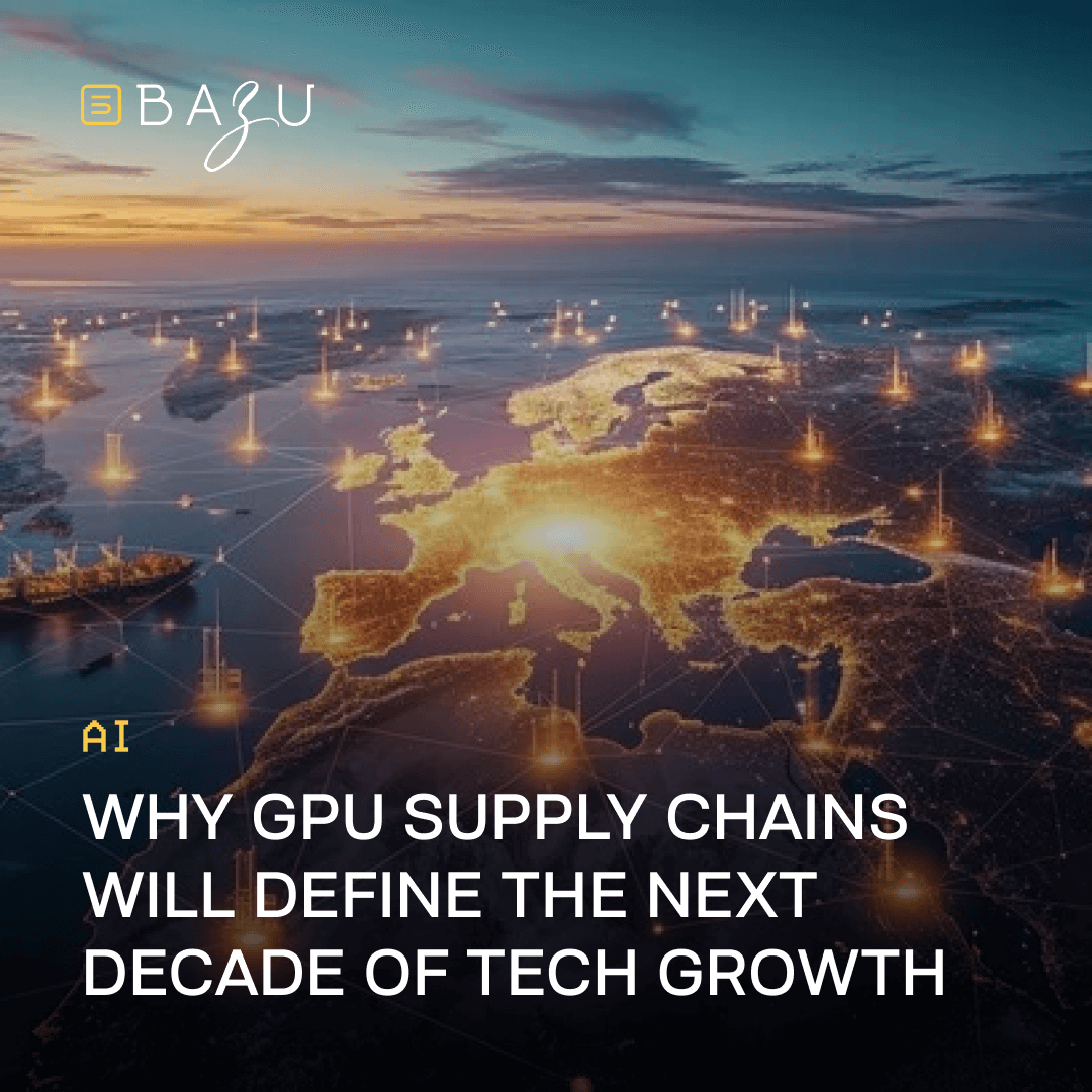 A stunning global view of Earth at dusk from space, with a glowing world map highlighting interconnected GPU supply chain nodes shining brightly over continents and oceans, illuminated by golden sunrise light on the horizon, overlaid with the BAZU logo and bold text explaining why GPU supply chains will define the next decade of tech growth.
