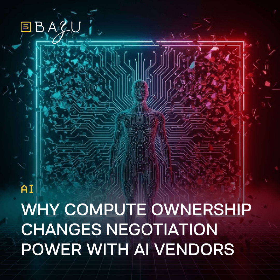 A striking futuristic digital silhouette of a human figure composed of glowing cyan and magenta circuit board patterns and fragmented shards, standing centered within a rectangular neon-framed panel against a dark grid background, overlaid with the BAZU logo and bold text explaining why compute ownership shifts negotiation power with AI vendors.